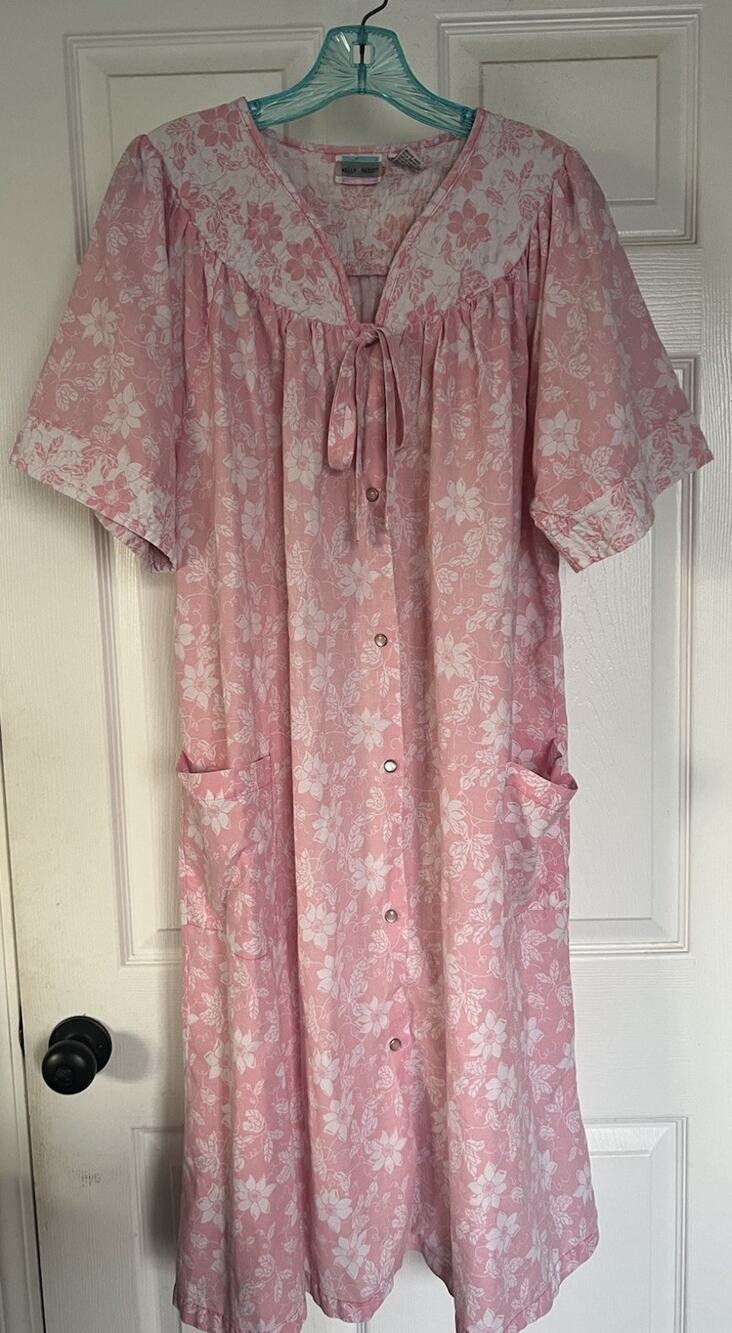 Vintage Kelly Reed Pink Floral Snap Front Duster Robe House Dress M L
